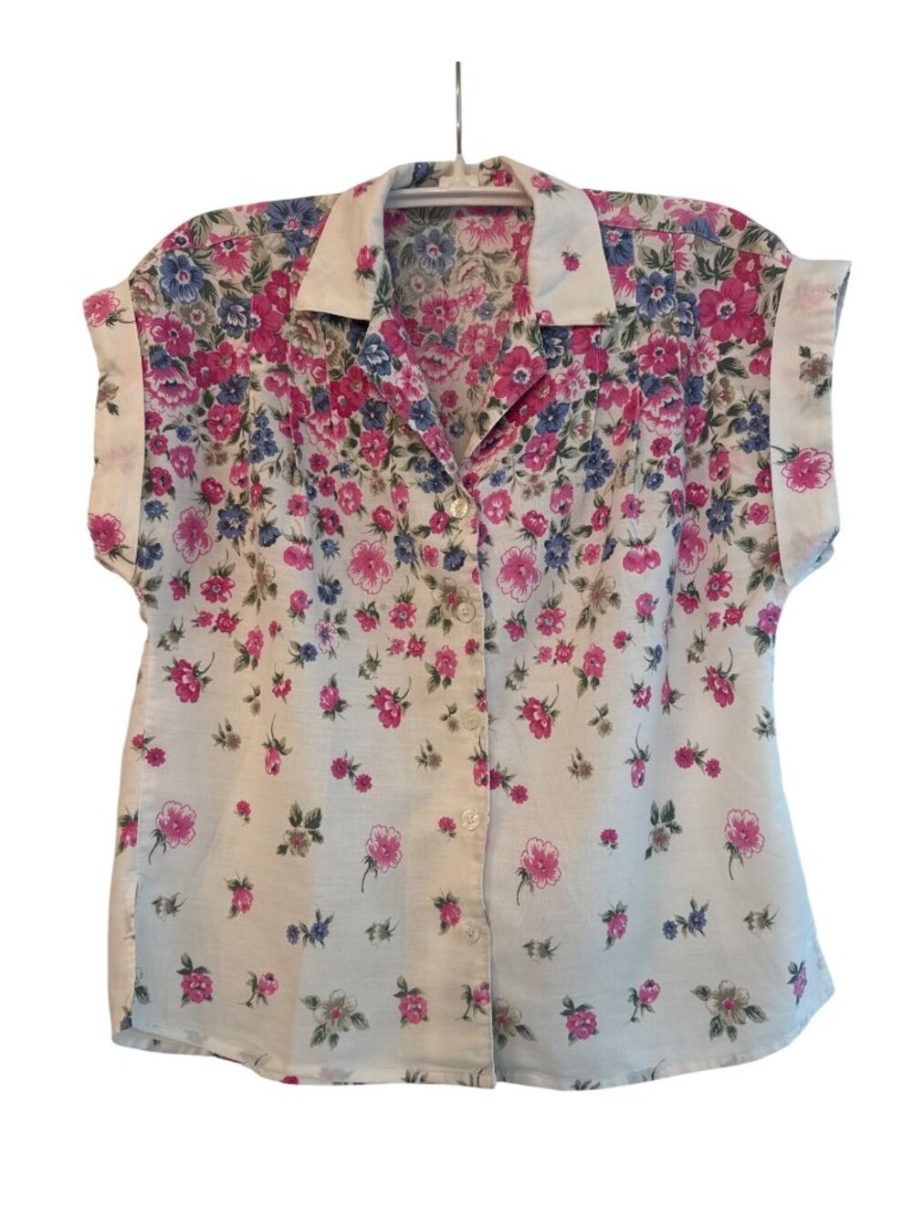 Vintage Floral Button-Down Womens Blouse Cap Sleeves Pink Blue Lightweight Fabri